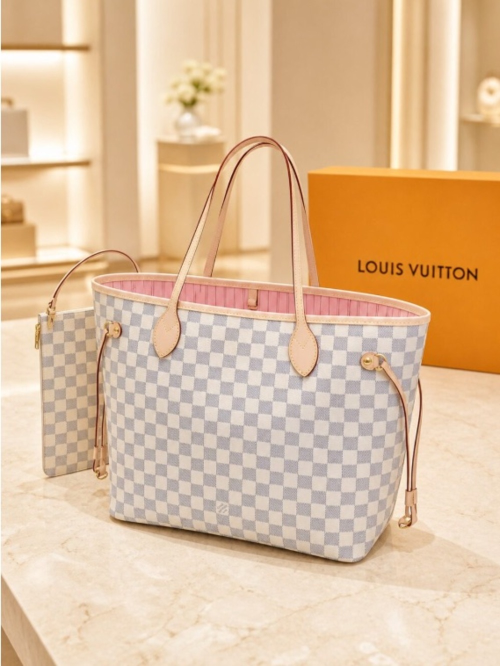 Louis Vuitton Pink Interior Neverfull Carryall in Damier Azur Canvas